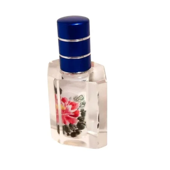 Vintage Hand-Painted Glass Perfume Bottle With Blue Cap Intricate Floral Design - Picture 4 of 6